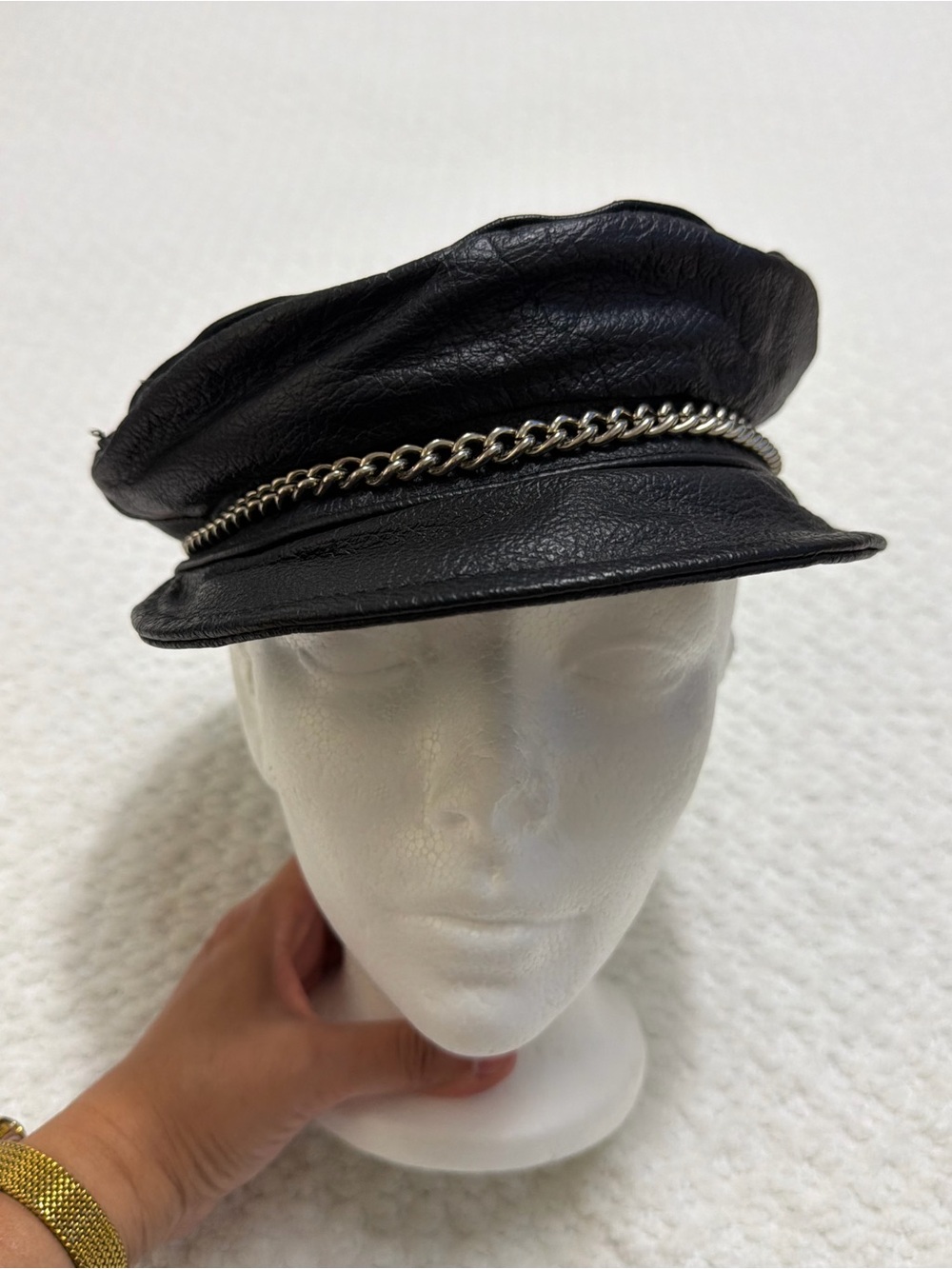 Vintage Black Leather Biker Hat with Chain Made in U.S.A
